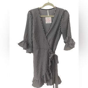 Shop 500 Boutique striped wrap around mini dress ruffled hem&sleeves szL no iron